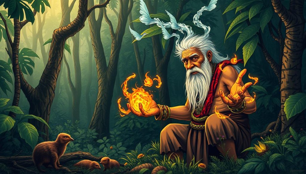 Ilustrasi legenda Manarmakeri yang menggambarkan lelaki tua dengan kekuatan magis di tengah hutan Papua