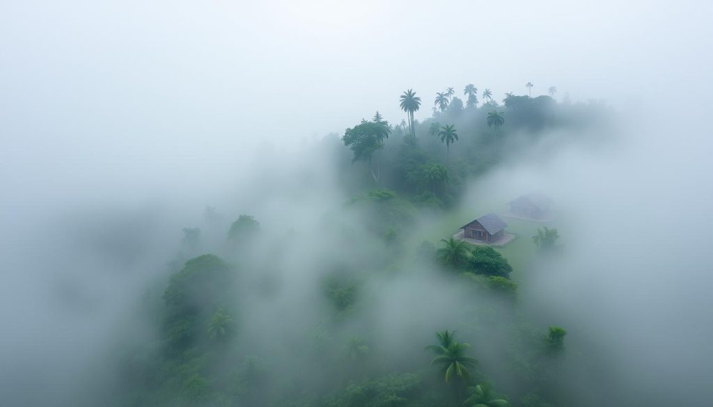 Kabut pagi menyelimuti Pegunungan Arfak di Papua Barat dengan latar belakang hutan tropis yang lebat