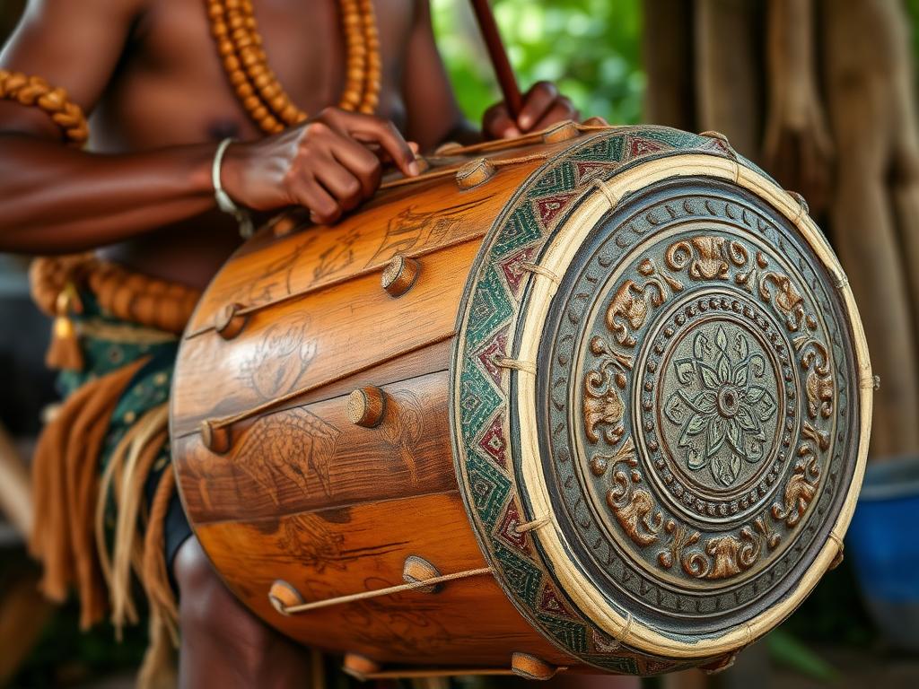 Musisi tradisional Papua Barat memainkan tifa, alat musik perkusi tradisional yang terbuat dari kayu dan kulit reptil