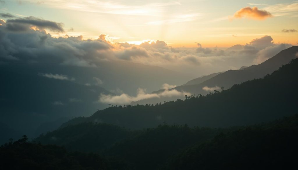 Pemandangan matahari terbit di atas Pegunungan Arfak dengan kabut tipis menyelimuti lembah dan hutan, melambangkan harapan baru bagi pelestarian budaya