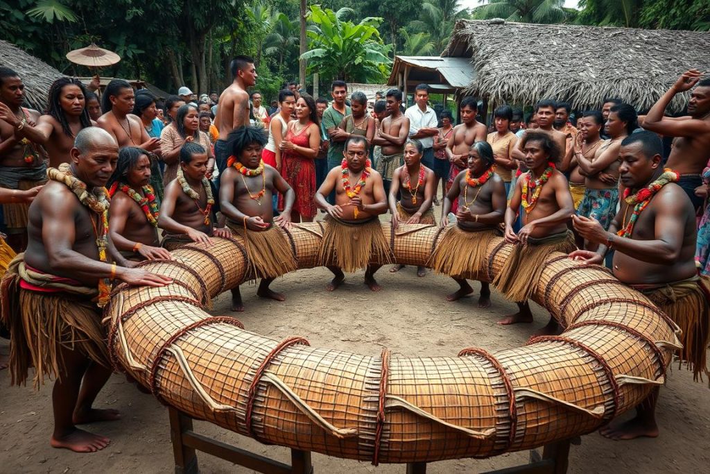 Penari tradisional Papua Barat melakukan Tari Tumbu Tanah dengan formasi melingkar menyerupai ular