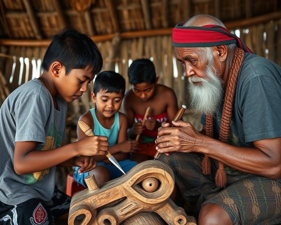 Sekelompok pemuda Papua Barat belajar seni ukir tradisional dari seorang tetua adat di sebuah sanggar seni