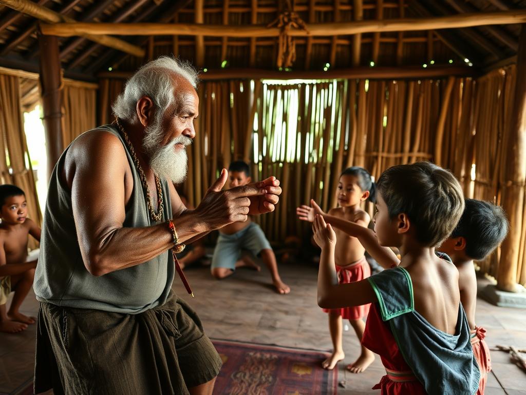 Seorang tetua adat Papua Barat sedang mengajarkan tarian tradisional kepada anak-anak muda di sebuah balai adat