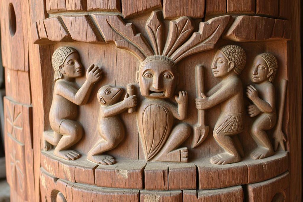 Ukiran kayu tradisional suku Arfak yang menggambarkan mitos asal-usul mereka dengan simbol-simbol alam